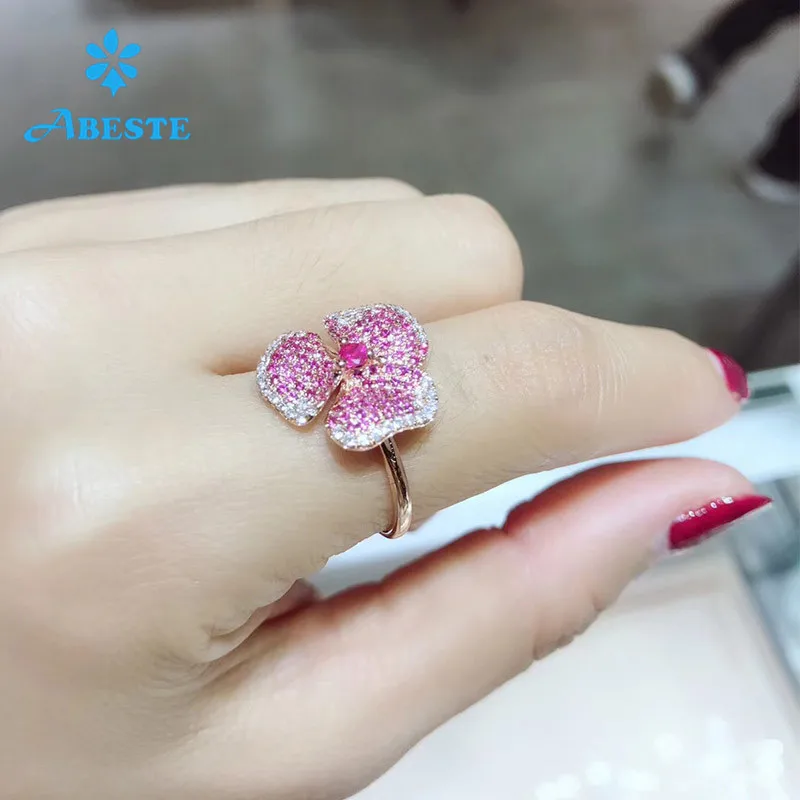 ANI 18K розовое золото(AU750) Женское Обручальное кольцо сертифицированное натуральным рубиновым сапфиром в форме цветка кольцо c настоящим бриллиантом для женщин