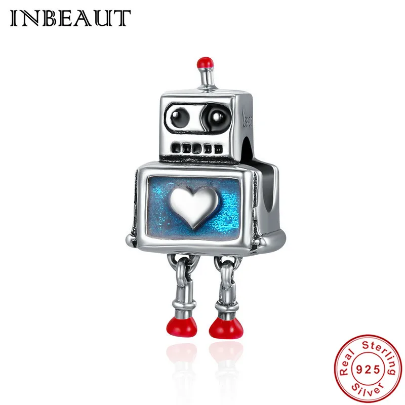 New DIY 925 Sterling Silver Heart Carved High Technology Cute Small Robot Charm Beads fit Trendy Bracelet for Women Anniversary | Украшения