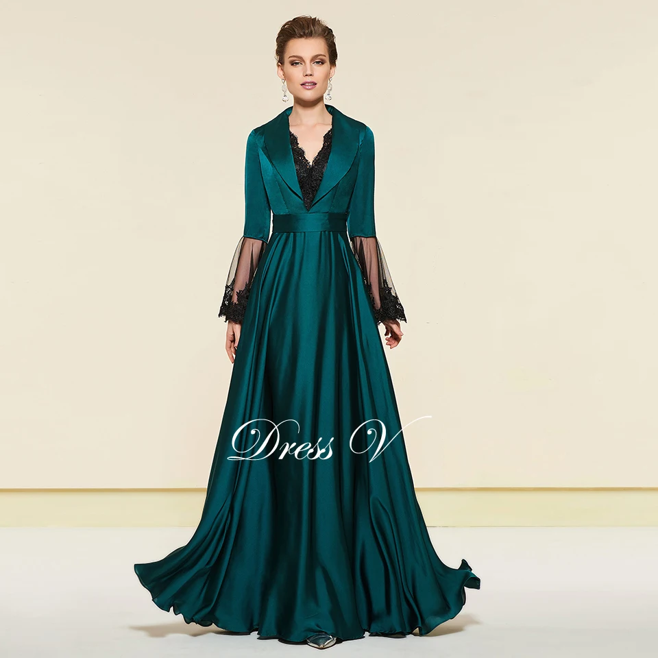 Dressv элегантное изумрудное платье с длинными рукавами и v-образным вырезом для матери невесты длинное вечернее платье на молнии в пол на заказ