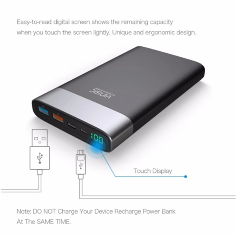 Vinsic 20000 мАч запасные аккумуляторы для телефонов Quick Charge повербанк тип c Dual USB