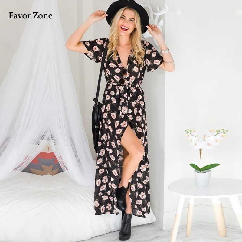 

Women Long Maxi Dress 2019 Summer Floral Print Boho Beach Dress Short Sleeve Sexy Evening Party Dresses Tunic Chiffon Vestidos
