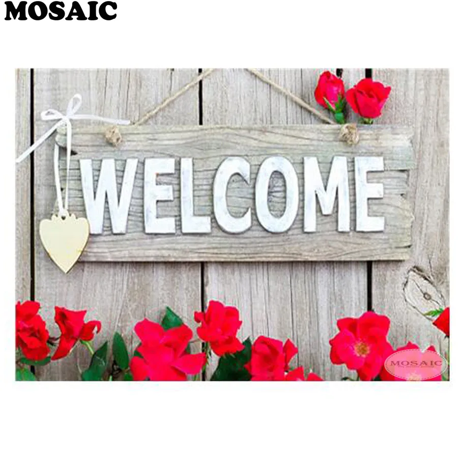 

"Welcome" Pattern,Diamond Mosaic flowers Handmade Cross Stitch Home Decor Diamond Embroidery Photo of rhinestones