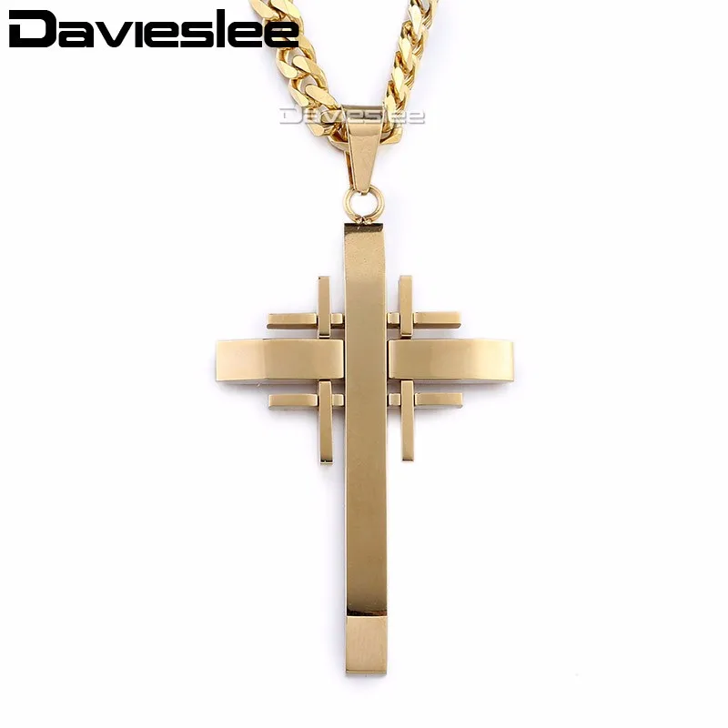 Davieslee Cross Pendant Necklace Chain for Men Stainless Steel Gold Black Silver Color Mens Necklaces Chains Jewelry LKP355 | Украшения и