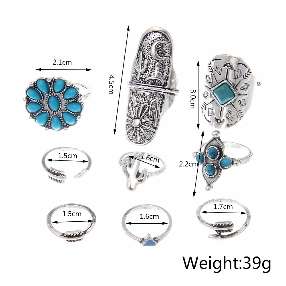 Lureme Vintage Silver Arrow Flower Green Stone Cactus Joint Knuckle Nail Midi Ring Set of 9 Rings for Women (rg001826) | Украшения и