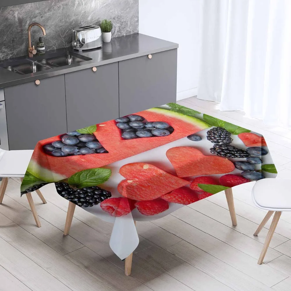 

Else Red Watermelon Heart Black Berry Fruit 3d Pattern Print Washable Thicken Cotton Cloth Rectangular Square Kitchen Tablecloth