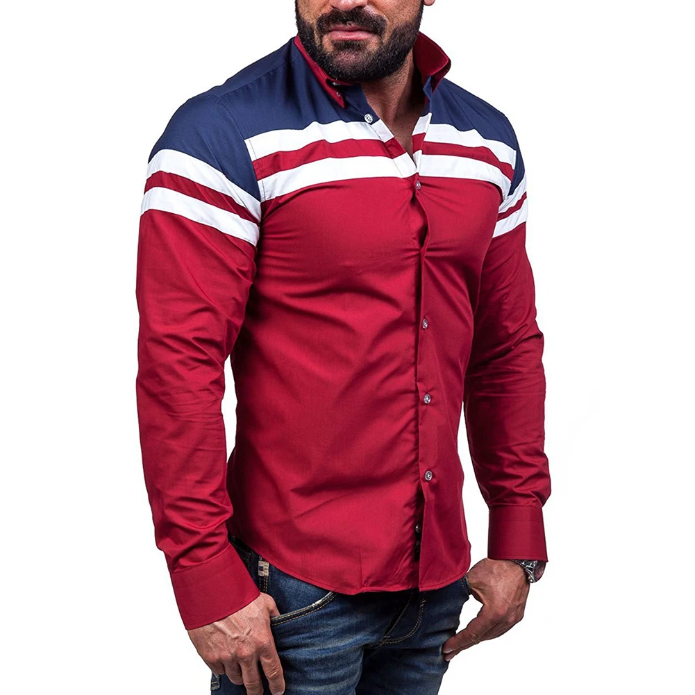 Turn Down Collar Striped Long Sleeve Shirt Color Block Casual Men Slim Fit Top | Мужская одежда
