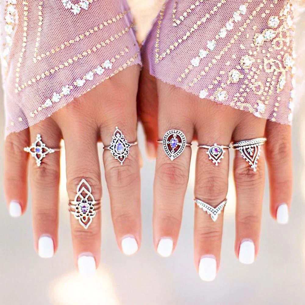 7 шт./компл. ретро Boho полые цветок фиолетовыми стразами костяшки Кольца Для женщин