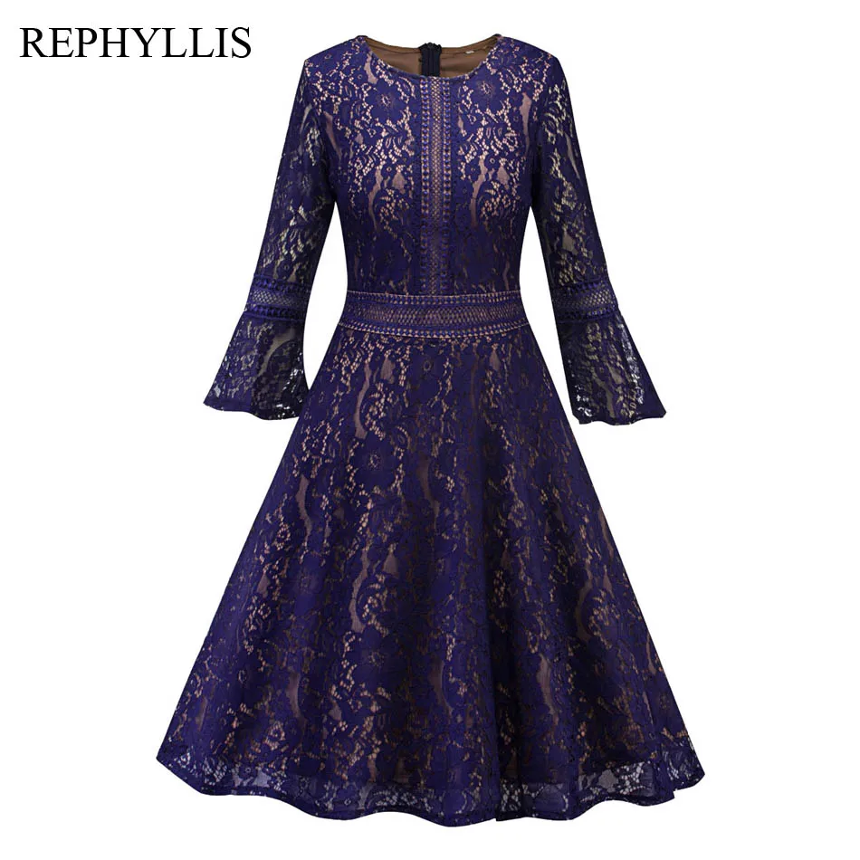 REPHYLLIS Для женщин Flare длинный рукав синий O шеи цветочные кружева Bodycon Винтаж Vestidos