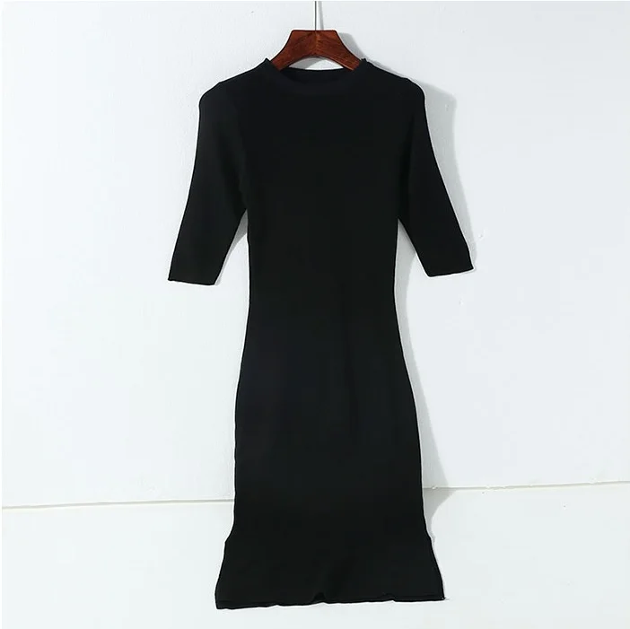 Obrix Long Slim Fit dress O neck Short Sleeve Mid Calf Casual Style Korean fashion|Женские платья| |