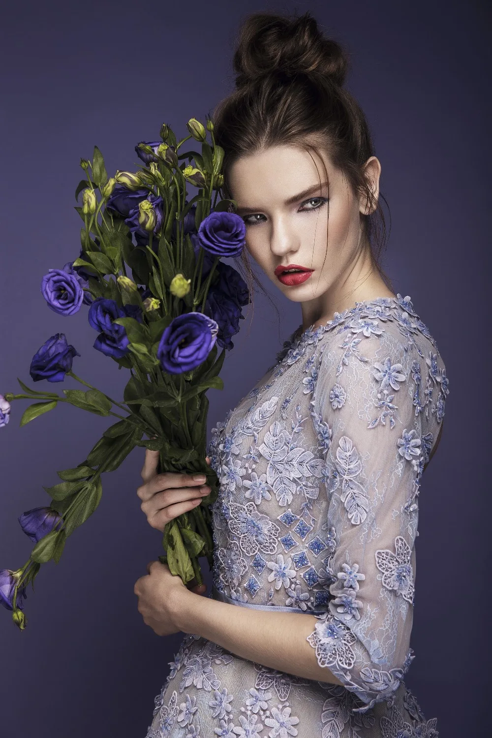 Open Back Long Sleeves Jewel Neck Lace Appliques Belt A line Bead Small Squares Flowers Light Blue Short Evening Dress | Свадьбы и