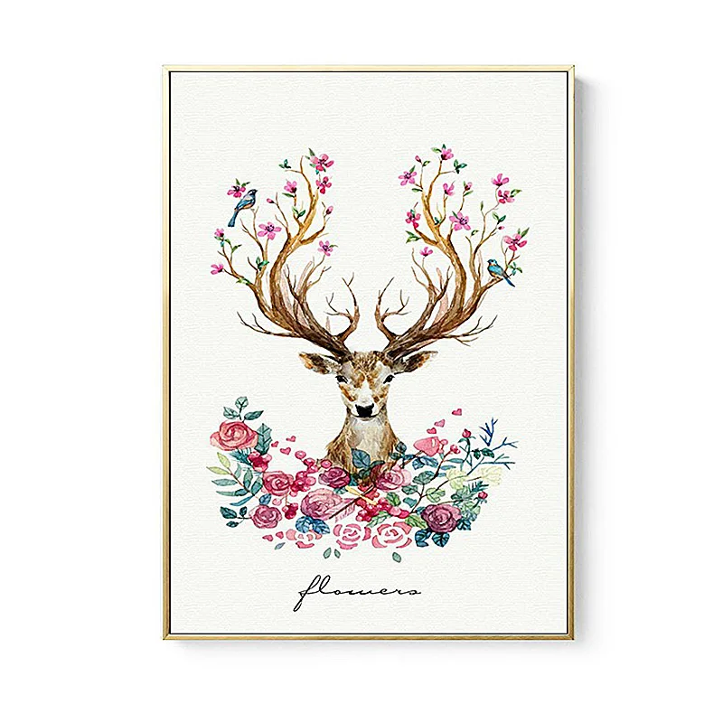 SD LINLEEHON Nordic Elk Watercolor Bird Flower and Deer Dialogue Illustration Canvas Print Painting Posters Art Wall Pictures | Дом и сад