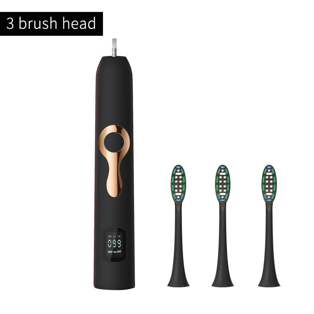 608 Black 3heads HERE-MEGA ультра звуковая электрическая зубная щетка 3 модели перезаряжаемая батарея Водонепроницаемая зубная отбеливающая зубная щетка с таймером - Цвет: 608 Black 3heads