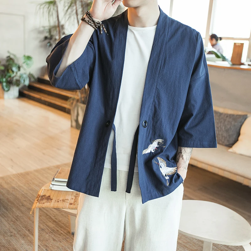 

MRDONOO Kimono Chinese style men's retro three quarter sleeve cardigan jacket Han Chinese clothing loose large cotton linen top