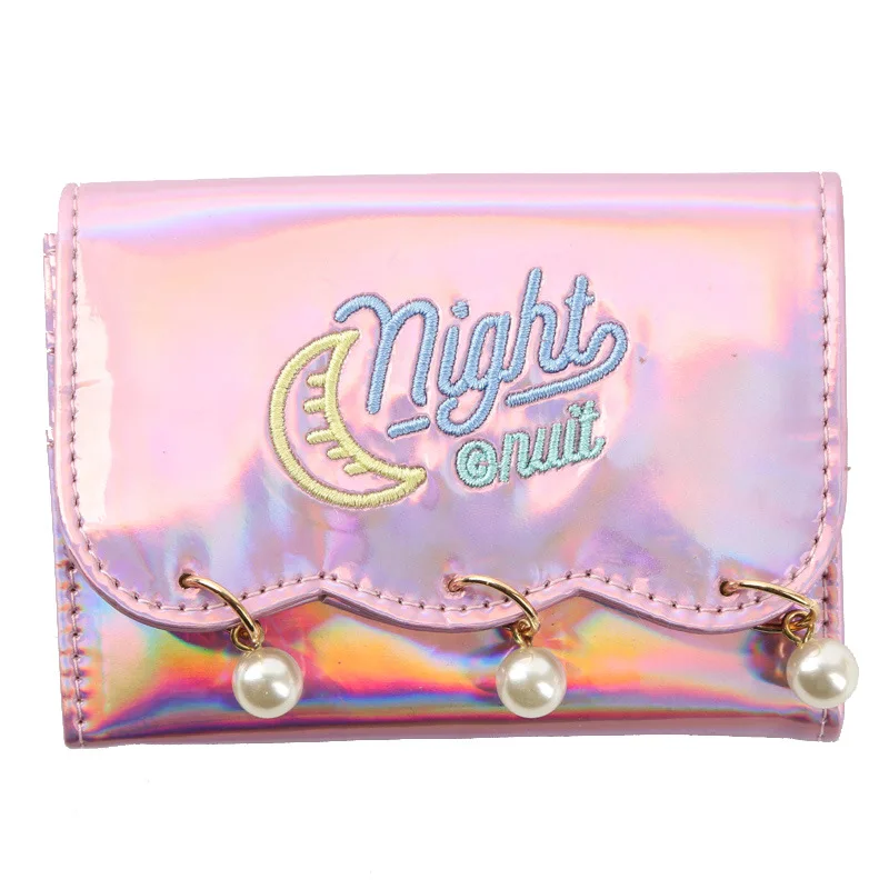 pink pearl Вечерние кошельки с гипнотической вышивкой, лазерная Яркая кожаная многофункциональная сумка из искусственной кожи для девочек, мультяшный держатель для карт на молнии - Цвет: pink pearl