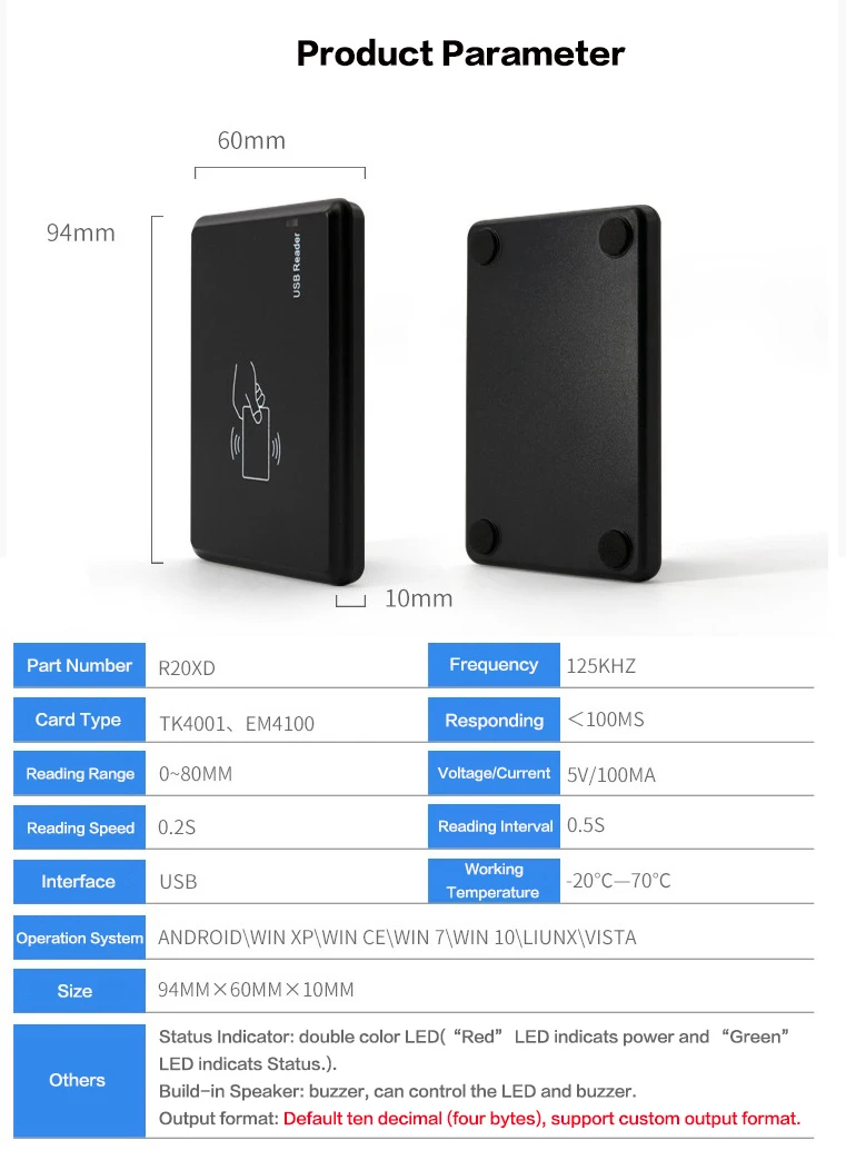 RFID R20XD считыватель идентификационных карт Подходит для LF Чип TK4100 EM4100 EM4200 Бесконтактный USB интерфейс Android windows метки