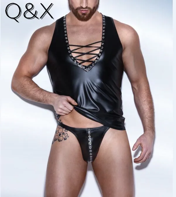 Летний черный пуловер из искусственной кожи, M-2XL, 2018, модная мужская Сексуальная футболка, топы для фитнеса с заклепками спереди, новые стиль... от AliExpress WW