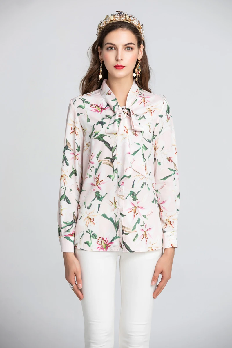 Lady Milan Women's Runway Designer Shirts Bow Collar Long Sleeves Floral Printed Fashion Casual | Женская одежда