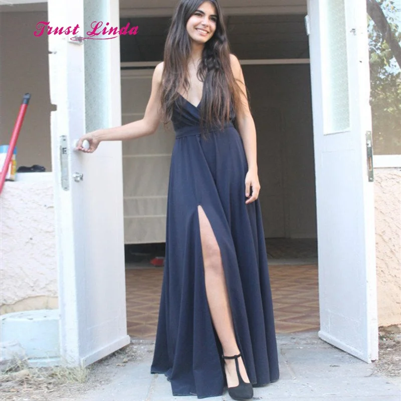 Navy Blue Bridesmaid Dresses Spaghetti Straps Floor Length Sexy Side Slit Vestidos Boda Invitada Mujer | Свадьбы и торжества
