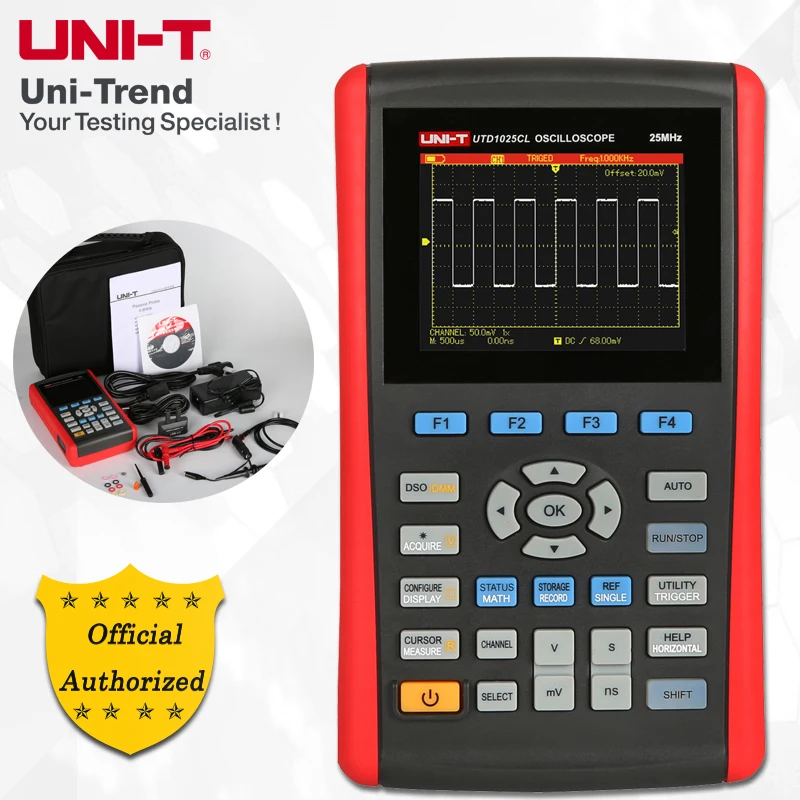 

UNI-T UTD1025CL Handheld Digital Storage Oscilloscope; 1Channels, 25MHz Bandwidth, 200MS/sSample Rate, USB Communication