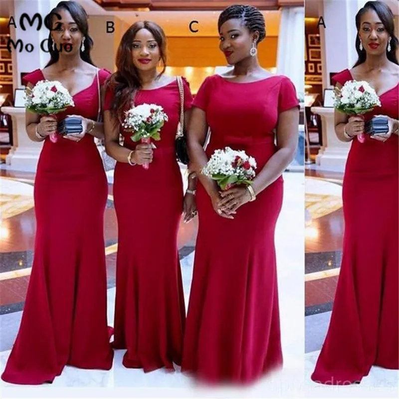 

Elegant 2019 Ready Ship Red Mermaid Bridesmaid Dresses Long with ABC V Neck Elastic Satin Maid Of Honor Gowns Bridesmaid Dress