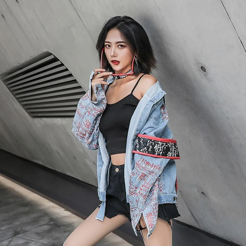 Graffiti Print Denim Jacket Women Autumn Double Zipper Armband Jeans Bomber Unisex Loose Outwear Кэжуал Feminina NZY25 | Женская