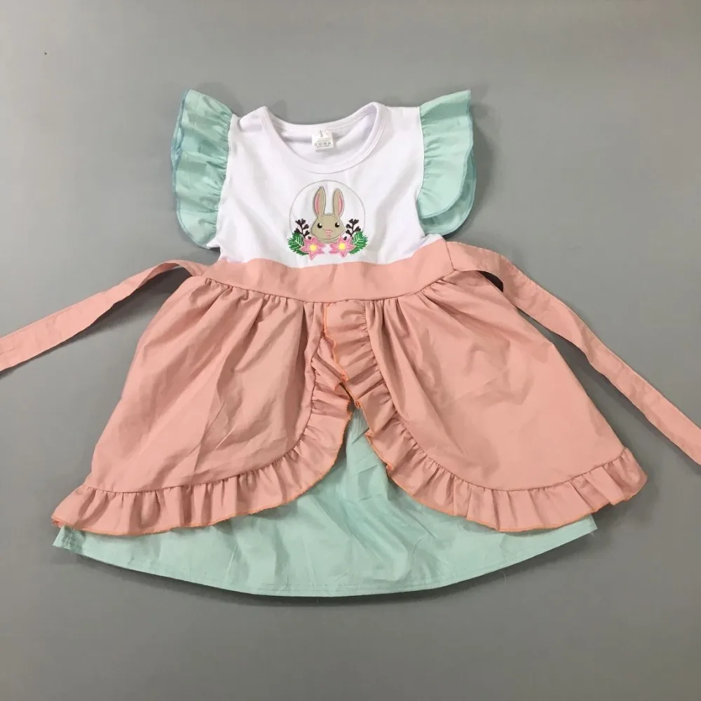 Hot Sale New Easter Dress Girl Boutique Outfit Bunny Embroidery Flutter Sleeve Solid Children Clothes LYQ812-533 | Детская одежда и