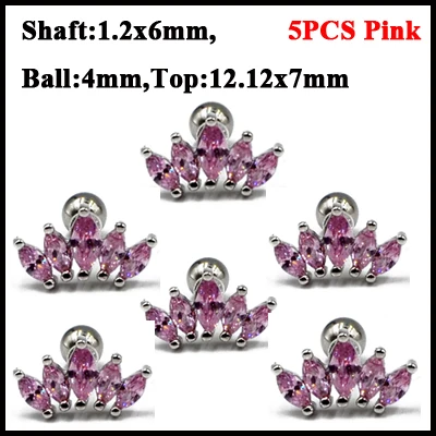 5PCS Pink 5 шт. сталь маркиза Циркон Спиральные серьги Tragus верхняя серьга для верхней части уха Горячий кристалл цветок ушной хрящ Orelha Спиральные серьги 16 г - Окраска металла: 5PCS Pink