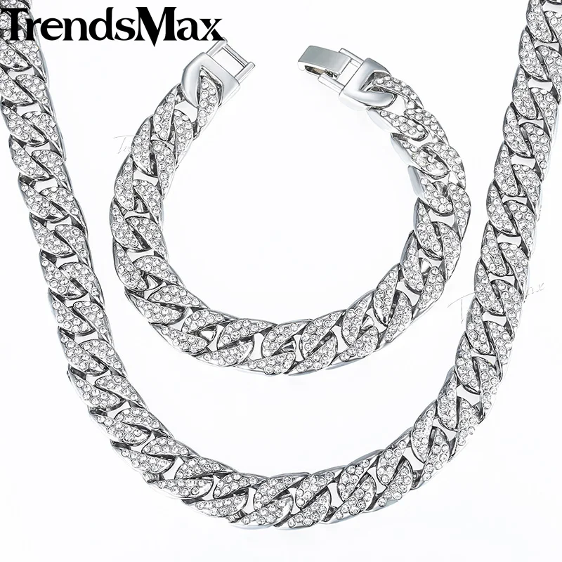 Trendsmax, хип-хоп, кантри, кубинские, женские, мужские, ожерелье, браслет, ювелирный набор, Iced Out, золотой, серебряный цвет, 14 мм, GS259 - Окраска металла: GS261 930