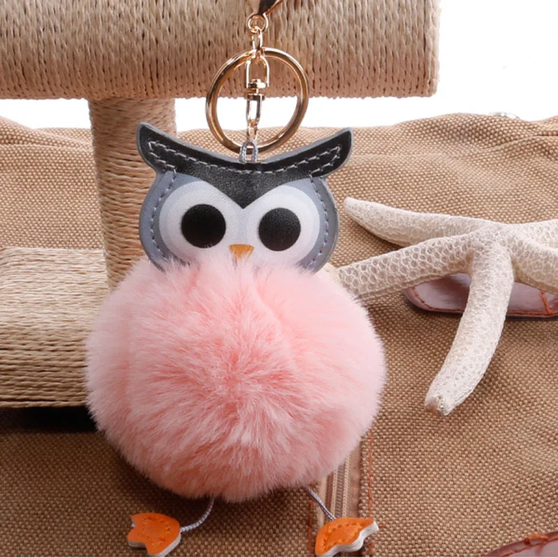

Owl Faux Rabbit Fur Pompom Keychain For Women Fluffy Animal Fur Ball Pendant Key Rings Key Holder Bag Ornament QS1808