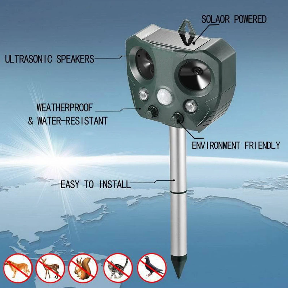 Solar Ultrasonic Animal Repeller Motion Sensor LED Flashing Pest Repellent | Дом и сад
