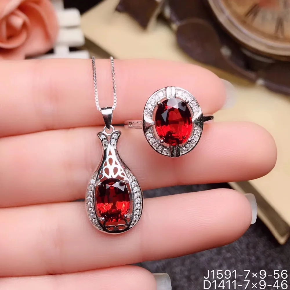 KJJEAXCMY boutique jewels 925 Silver-inlaid Natural Gem Aluminum Magnesium Garnet Ring Necklace Hanging Set Support Identificati | Украшения