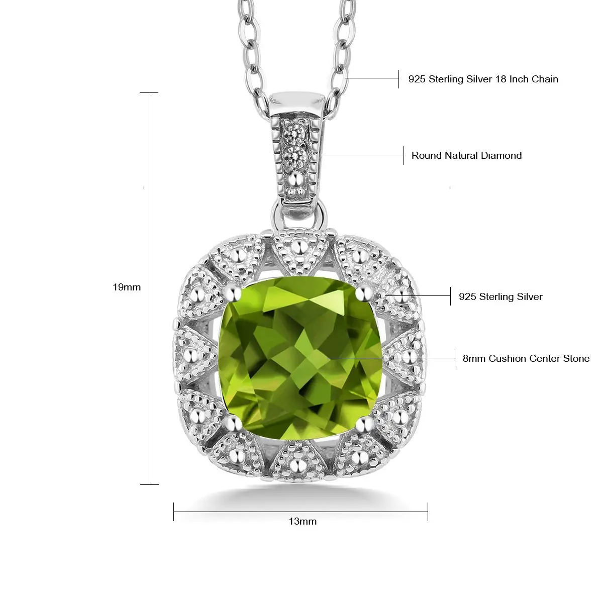 GemStoneKing 2,46 Ct подушка натуральный Зеленый Перидот белый бриллиант 925 пробы серебряный кулон ожерелье для женщин
