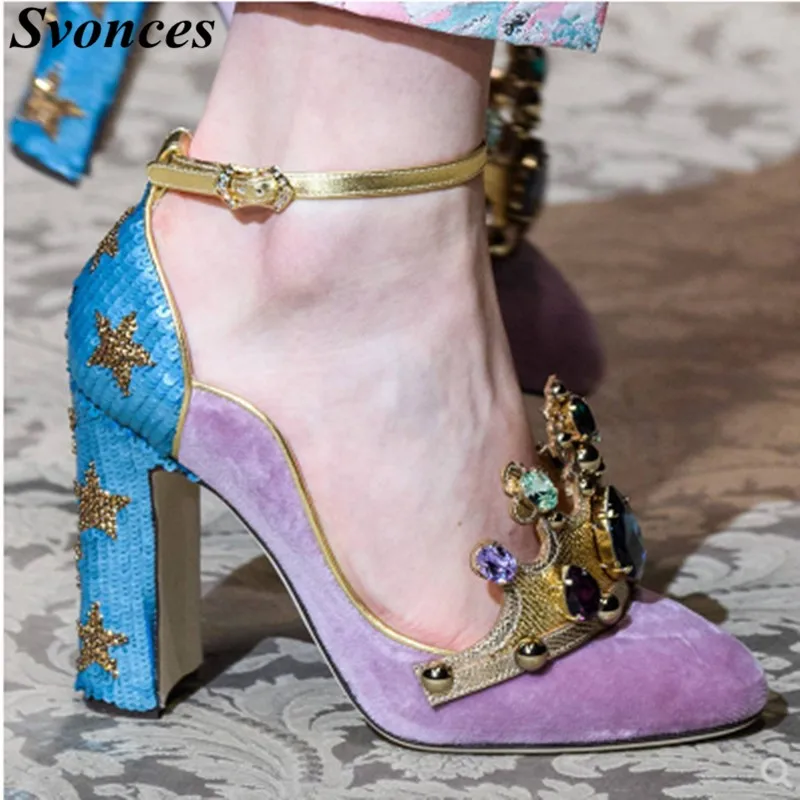 as shown Zapatos De Mujer; коллекция года; фиолетовые замшевые женские туфли-лодочки с украшением в виде короны; модельные туфли на массивном каблуке с ремешком на лодыжке; роскошные свадебные туфли для невесты - Цвет: as shown