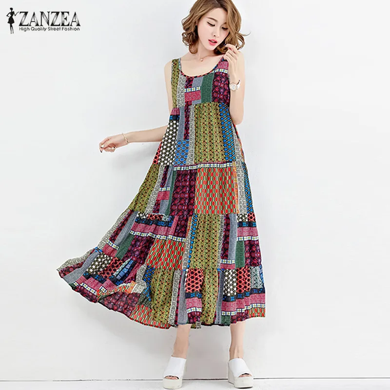 Женское свободное пляжное платье миди с круглым вырезом без рукавов цветочным