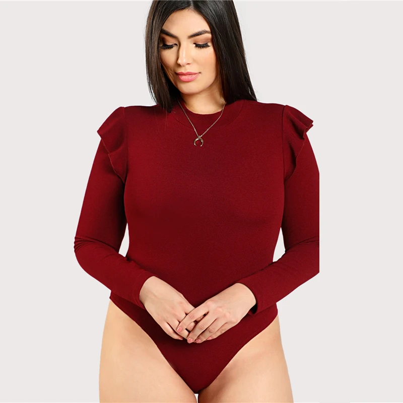 Sheinside размера плюс обычный бордовый стоячий воротник Рабочая одежда боди с длинным рукавом рюшами эластичные женские Элегантные Осенние боди