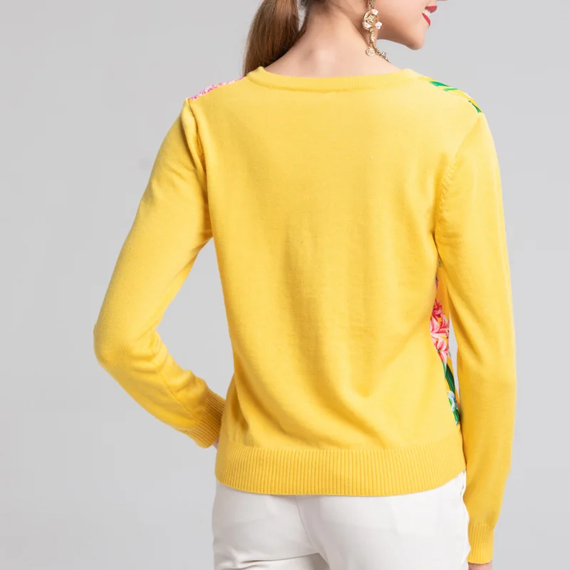 2019 Spring Runway Fashion Pullover Sweater Women V-neck Long Sleeve Yellow Flowe Print Wool knitted Top | Женская одежда