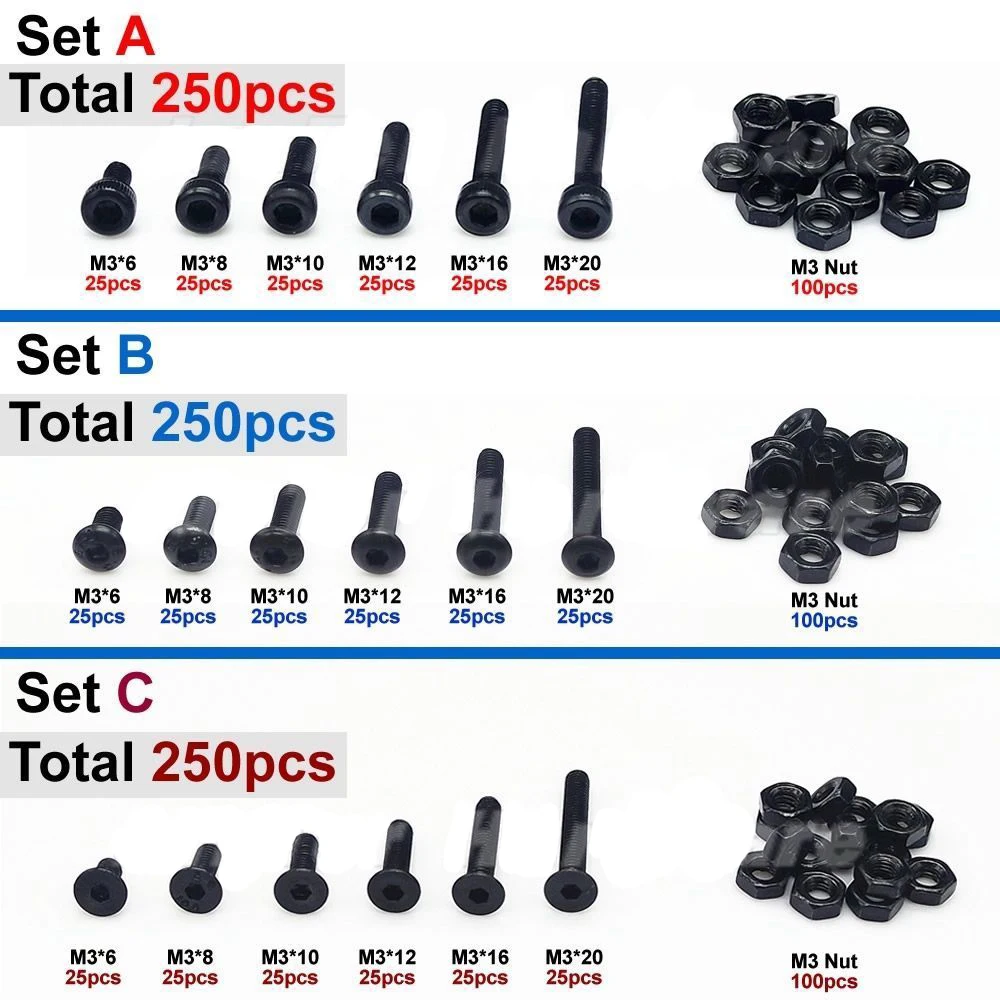 250pcs M3 Black High Tensile Allen Bolts With Hex Nuts Screw Assortment | Обустройство дома