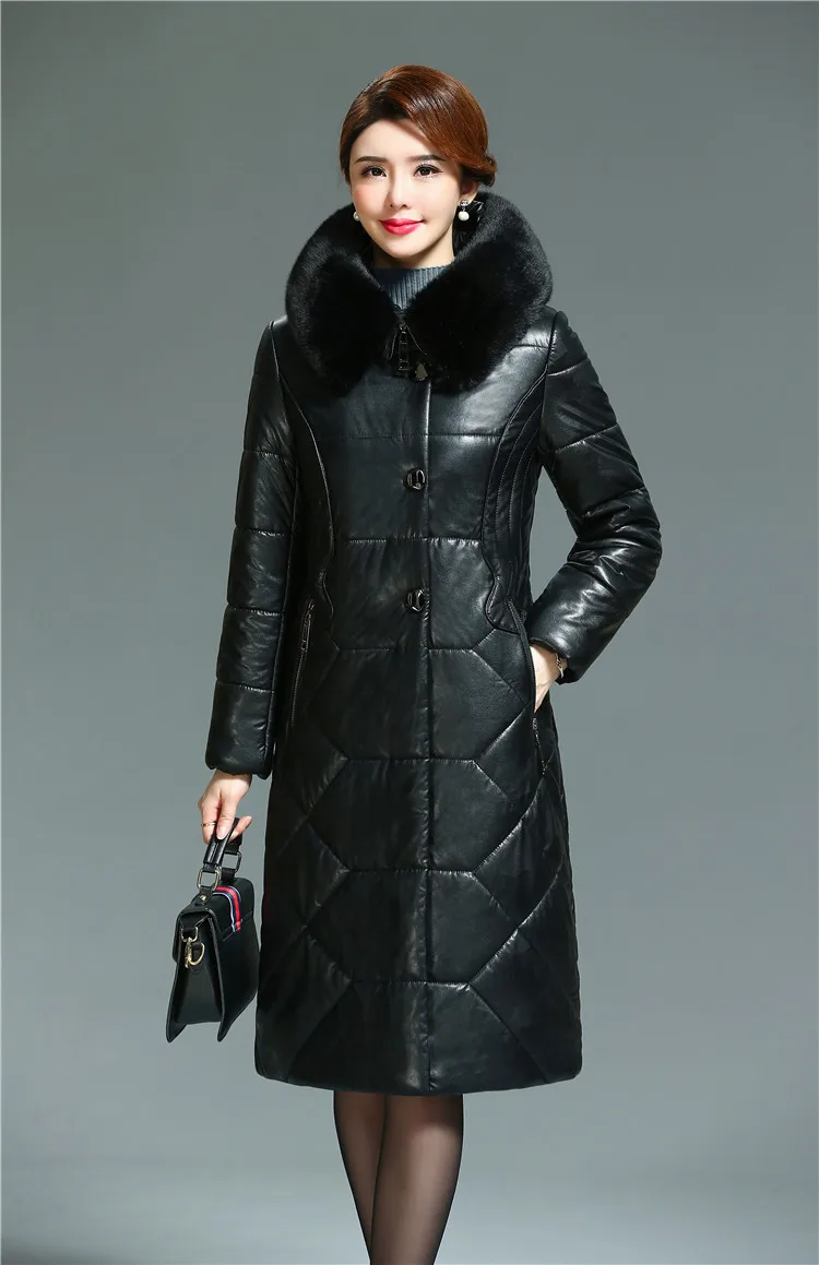 New Winter Women Leather Thicken Jacket 6XL Ladies Fur Collar Hooded Coats Cotton Padded Outwear Middle-aged Female Parkas