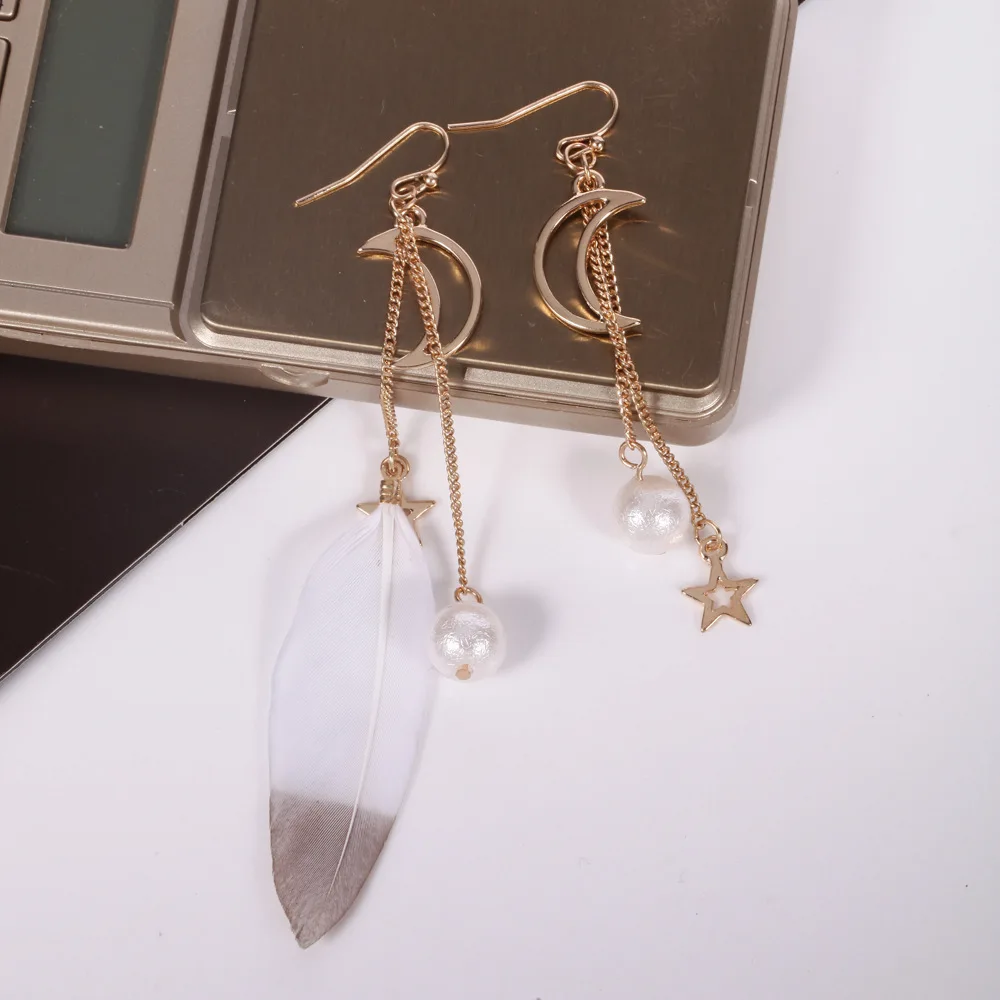 Popular Real Feather Asymmetric Earrings Gold Moon and Pearl Beads Drop Dangle Fashion Earring For Wedding Mother's Day Jewelley |