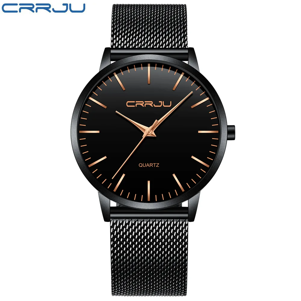 mesh gold Новые модные мужские часы CRRJU брендовые роскошные мужские черные повседневные кварцевые наручные часы мужские Ультра тонкие часы с кожаным ремешком erkek saat - Цвет: mesh gold