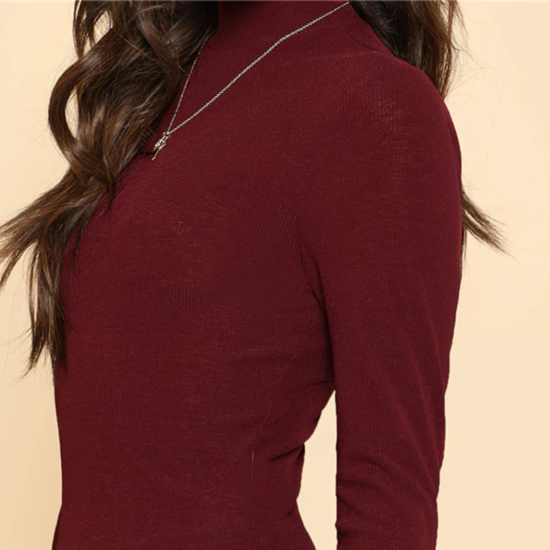 Sheinside Burgundy Casual T-shirt Solid Long Sleeve Slim Fitted Ladies Tops Womens Clothing Autumn Elegant Tee