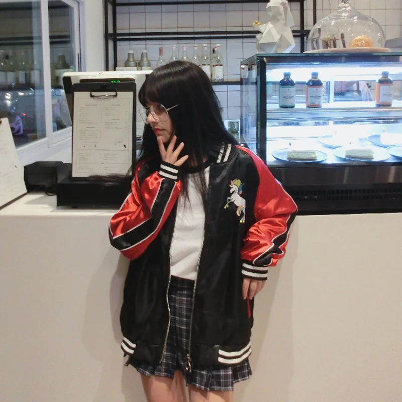 Новинка 2019 года Корея Harajuku Мягкая девушка Бейсбол Форма пальто Радуга Единорог