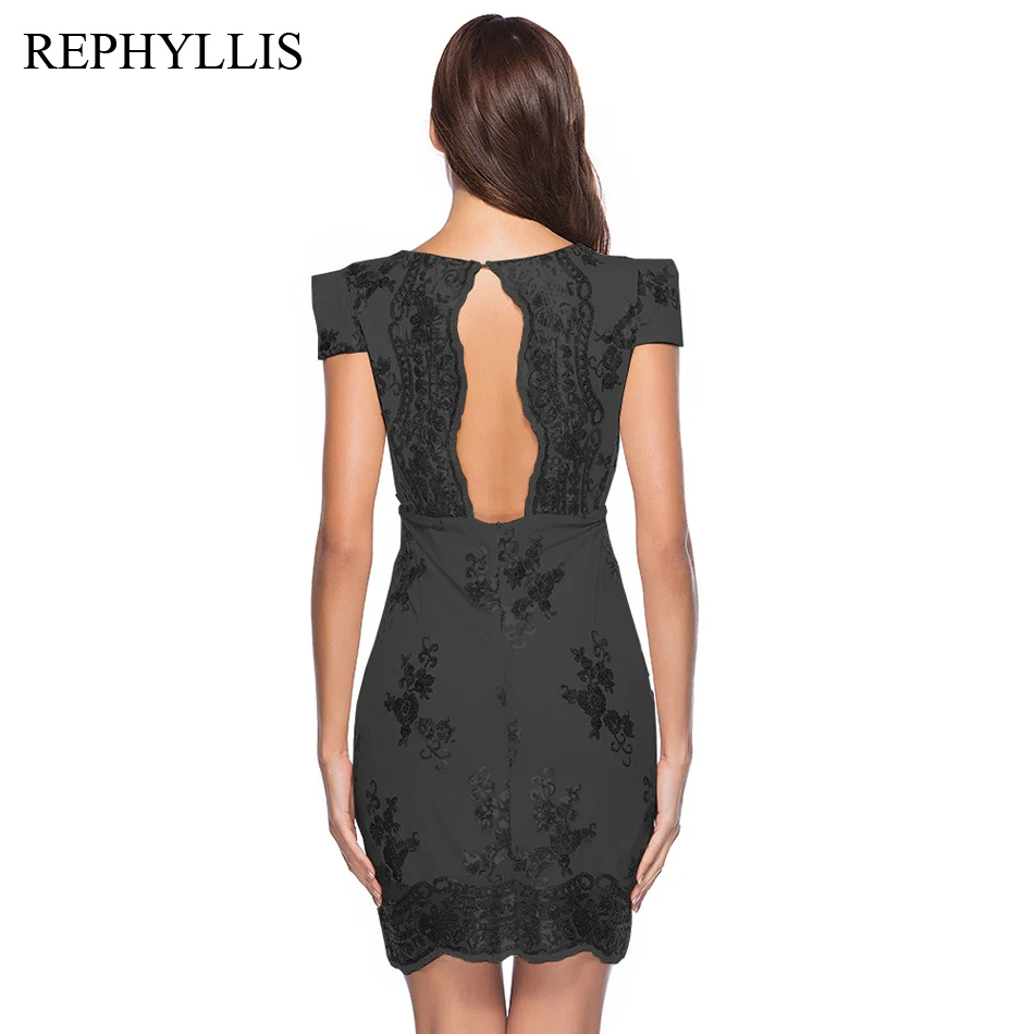 

REPHYLLIS Women Sequined Short Sleeve Sexy V Neck Backless Robe Cocktail Prom Party Club Night out Slim Pencil Mini Dress