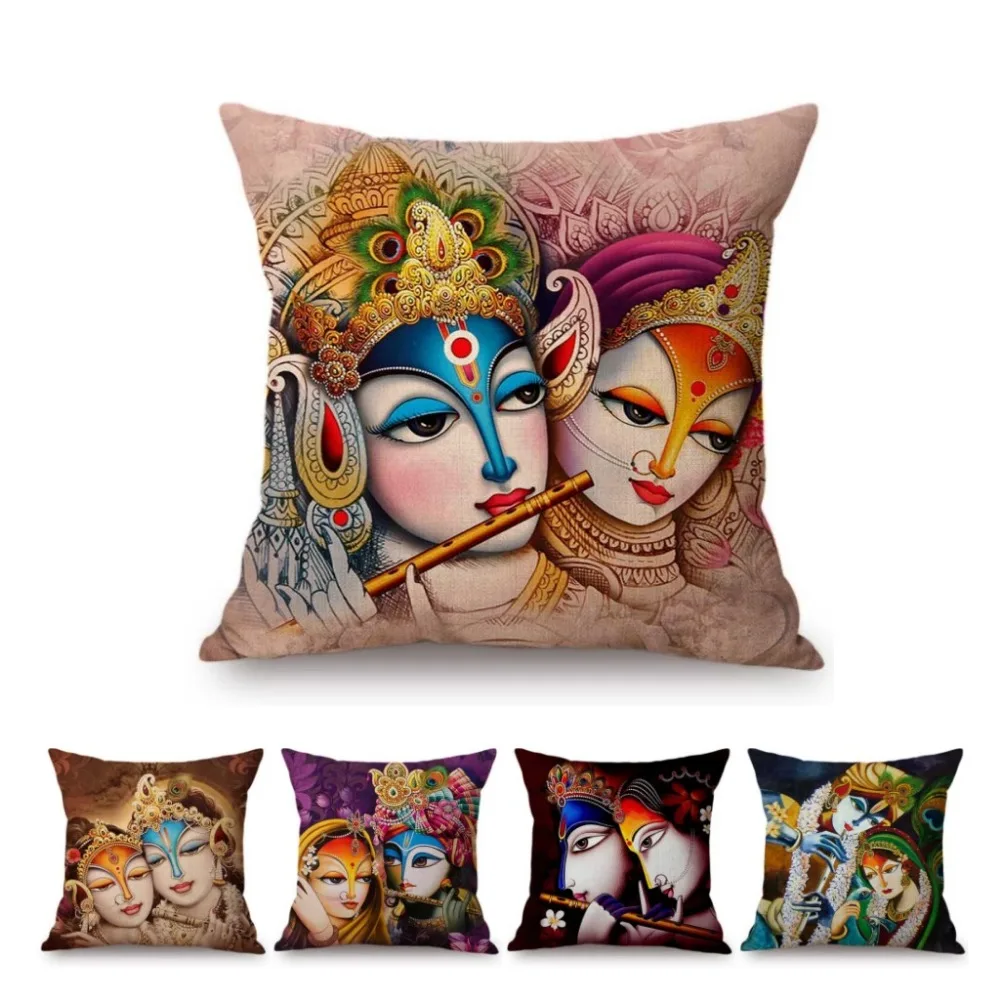 India Cultural Radha Krishna Oil Painting Valentine Day Home Decoration Sofa Throw Pillow Case Exotic Ethnic Linen Cushion Cover | Дом и сад