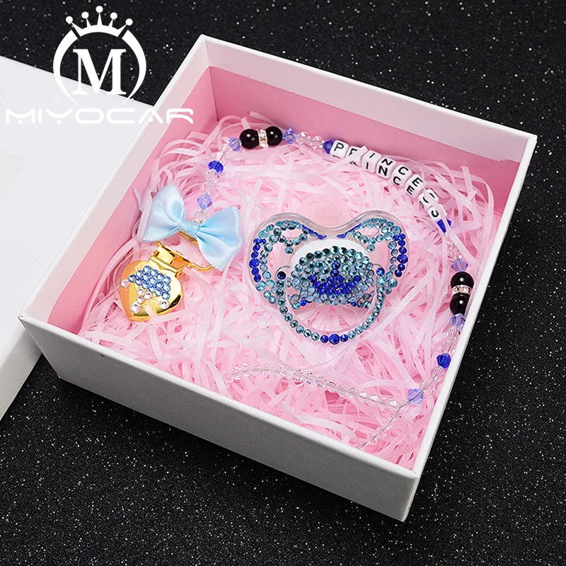 MIYOCAR custom name bling crown pacifier clip pacifier holder dummy clip with bling crown pacifier set unique gift SP011