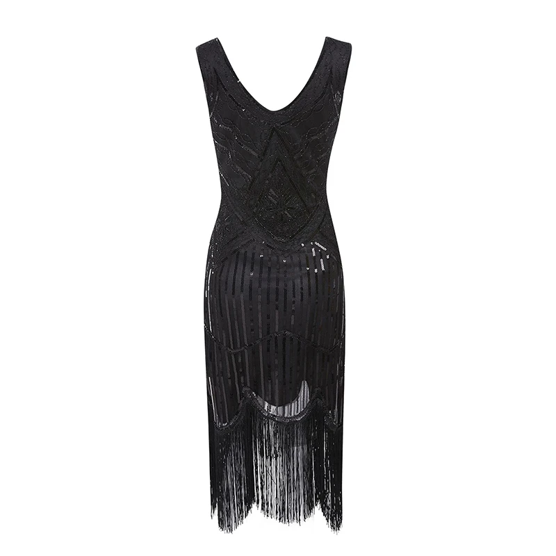 Женское вечернее платье 1920 s, отличная Хлопушка в стиле Гэтсби, Vestidos, блестки, бисер, бахрома, вечернее платье с v-образным вырезом, украшенное бахромой, без рукавов - Цвет: Pure black