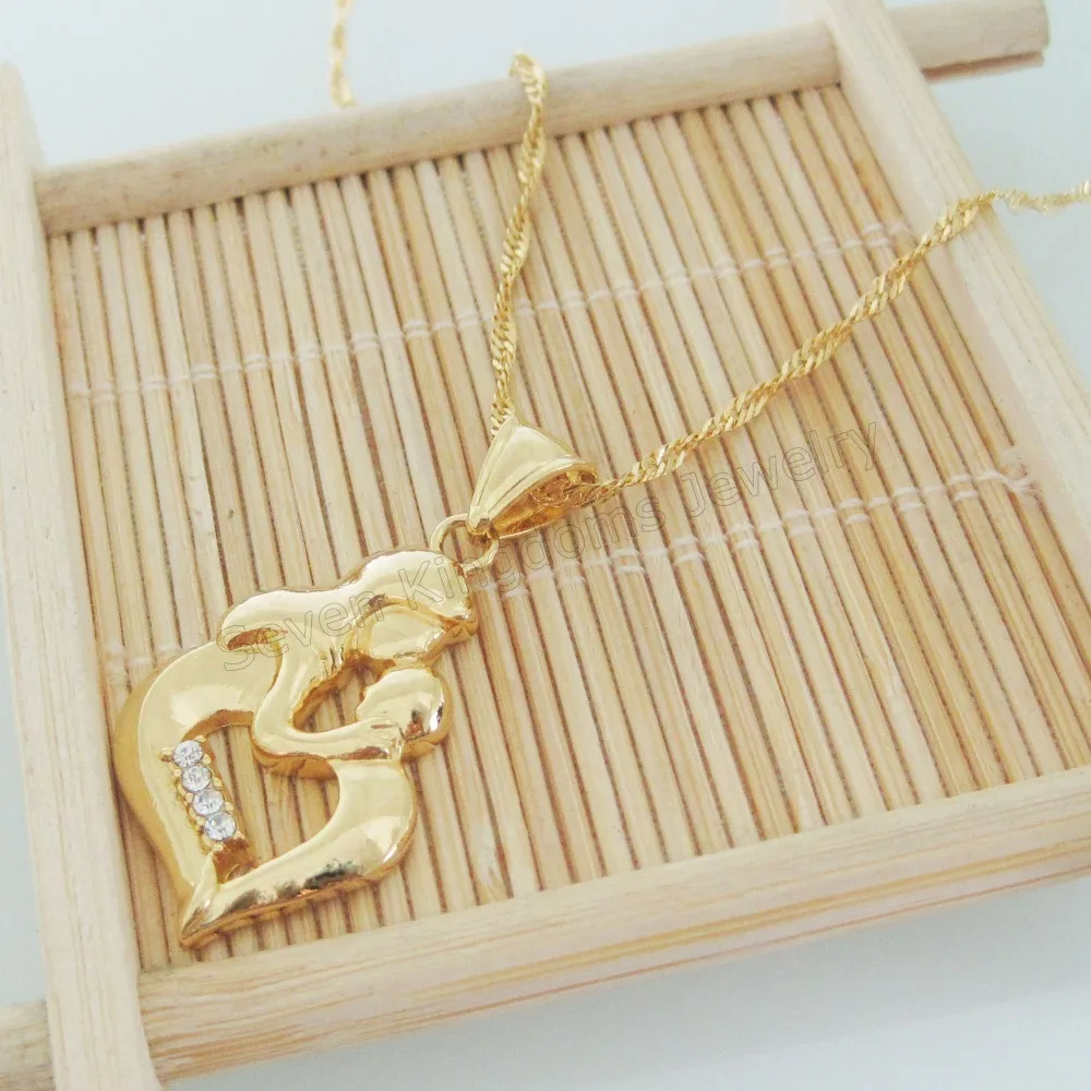 Min Order 10$/ VIVID - YELLOW GOLD OVERLAY 18&quot NECKLACE &amp MUM MOM HUG BABY IN ARM CZ STONE HEART SHAPE PENDANT HANGS 1.42&quot |