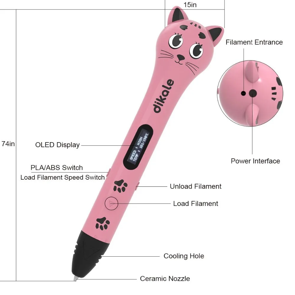 

dikale 3D Printing Drawing Printer Pen with OLED Display Arts DIY Perfect Gift for Kids and Adults Compatible with PLA/ABS