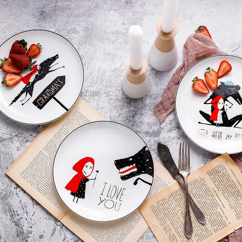 Фарфоровая тарелка с черными краями костяного фарфора 8 дюймов маленькая красная