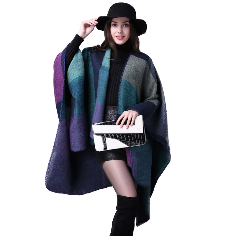 Шарф женский в клетку FS кашемировый теплый винтажный шарф-пончо длинный плотный